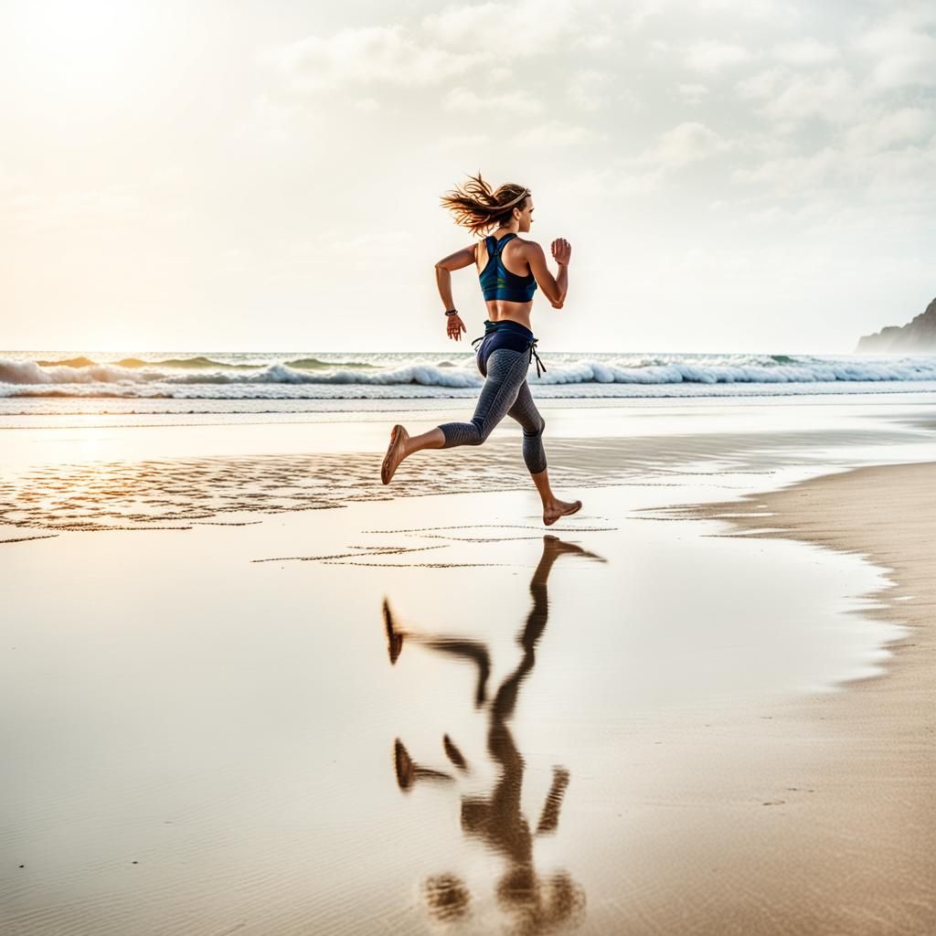 A woman on a sandy beach running to our ocean. intricate details, HDR, beautifully shot, hyperrealistic, sharp focus, 64 megapixels, perfect...