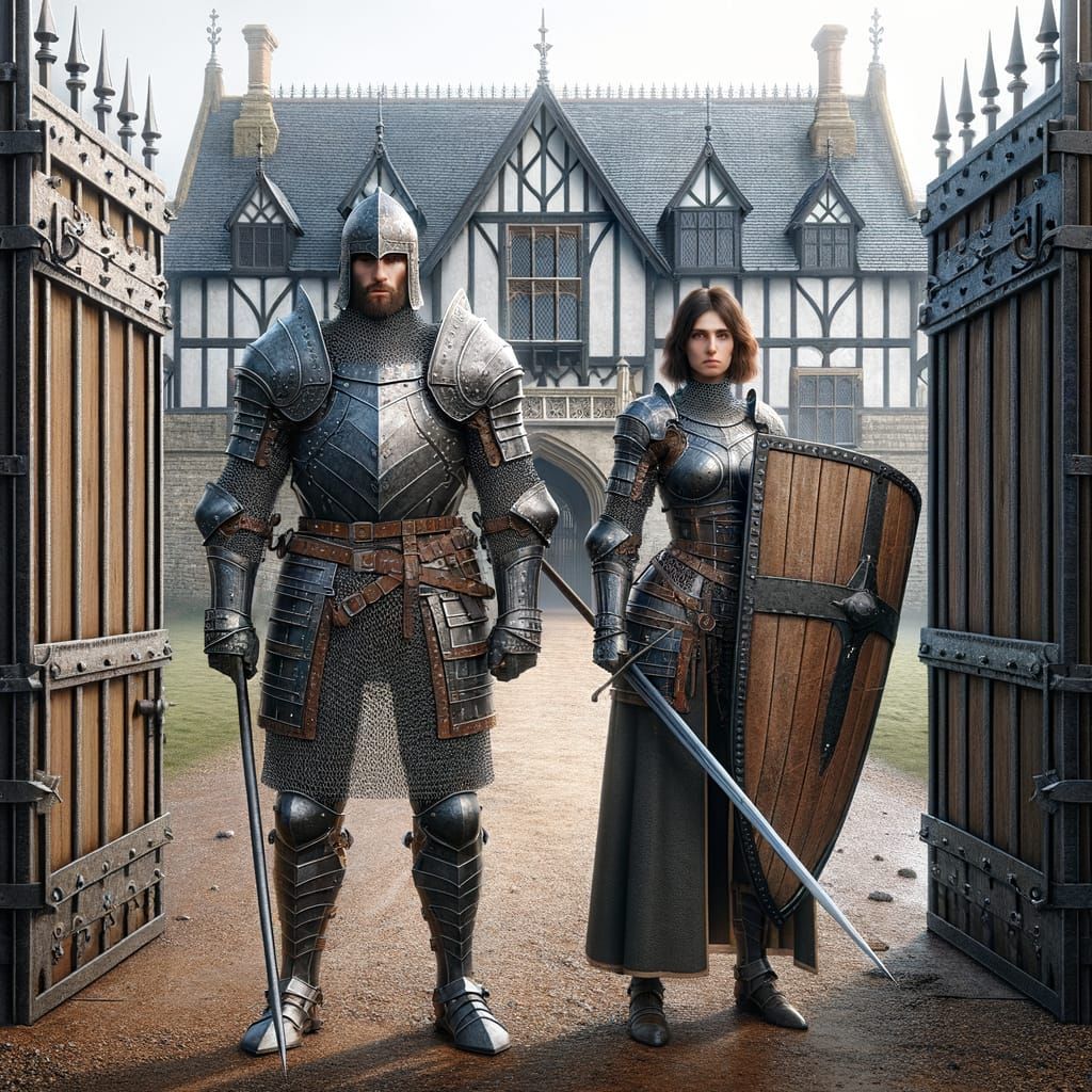 Depict a pair of guards armored in plate and chainmail, armed with a shield and spear, guarding a large iron gate that leads to a white wall...