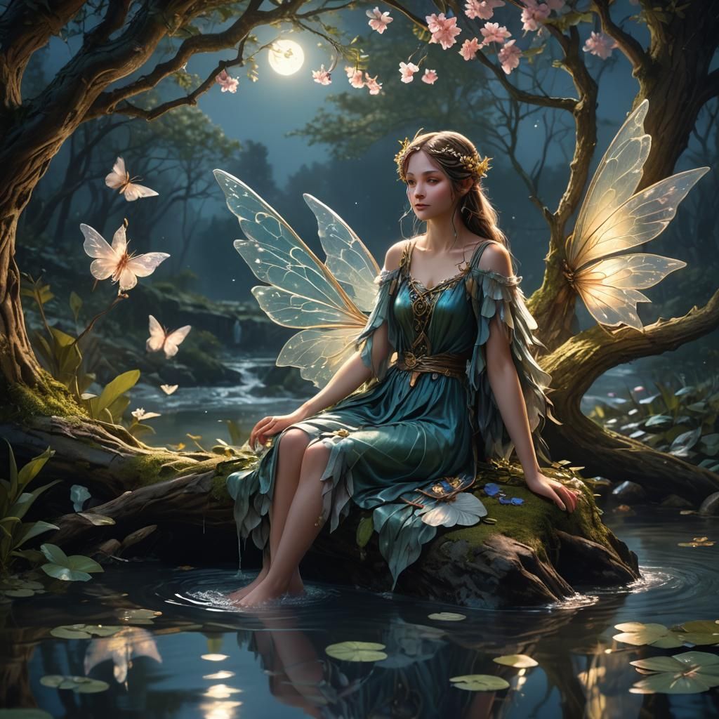 Upon a branch, in Springtime's tender light, a fairy sits, w...