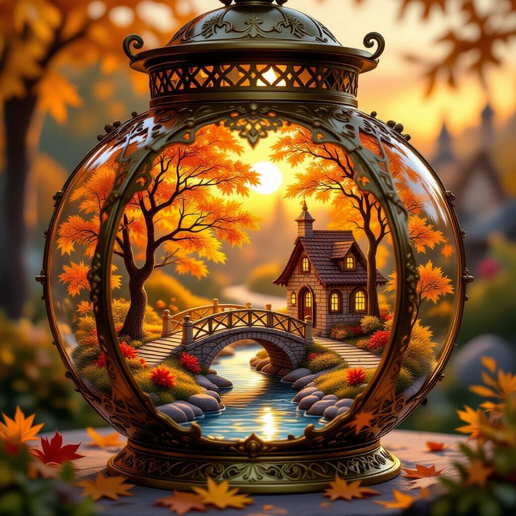 Miniature autumn village inside a golden lantern.