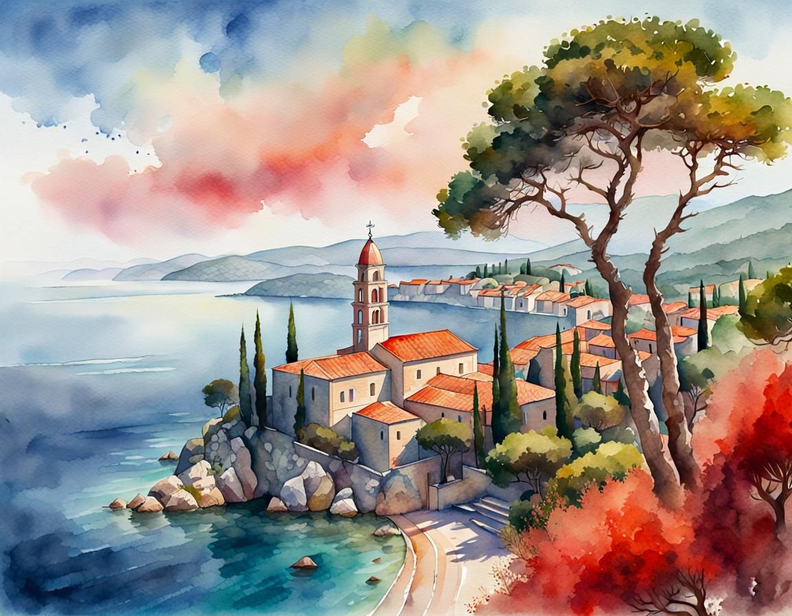 Watercolor painting of the Adriatic coast