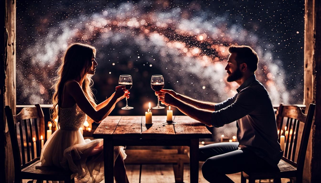 A couple In a old western galaxy drinking wine for there dat...