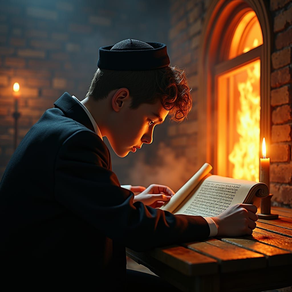 Boy Studies Torah Amidst Fire, Fantasy Art