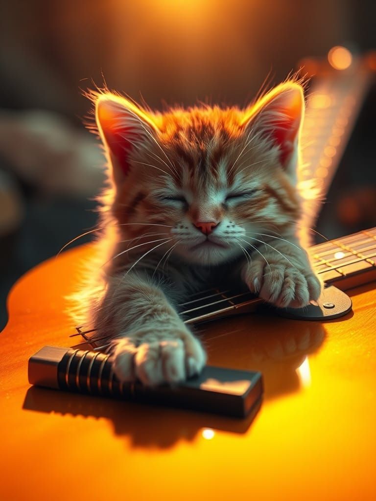 金色に光るギターの上で眠る、とても可愛い猫