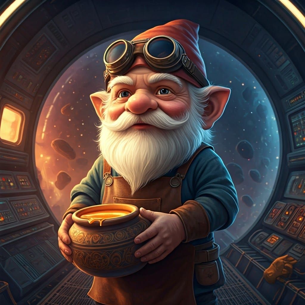 The gnome inside the spaceship is carrying a pot of honey.