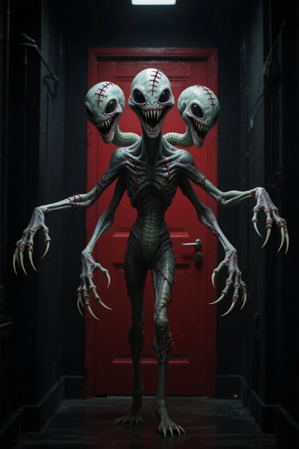 Creepy Evil tall lanky horrid and grotesque and menacing looking three headed monstrosity bizarre snake evil alien creat...