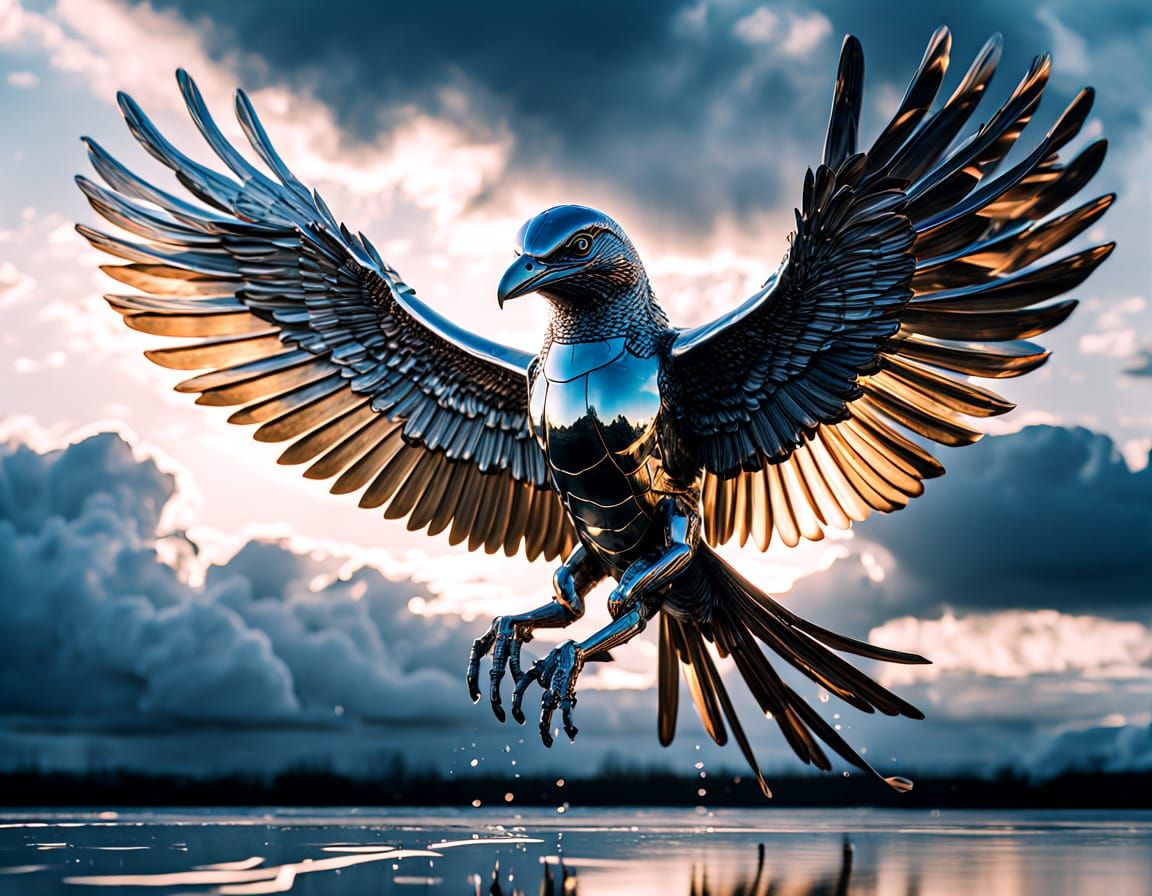 A majestic bird made entirely of liquid chrome, mid-flight among glowing clouds. Its feathers ripple ...  by @Cafebreak