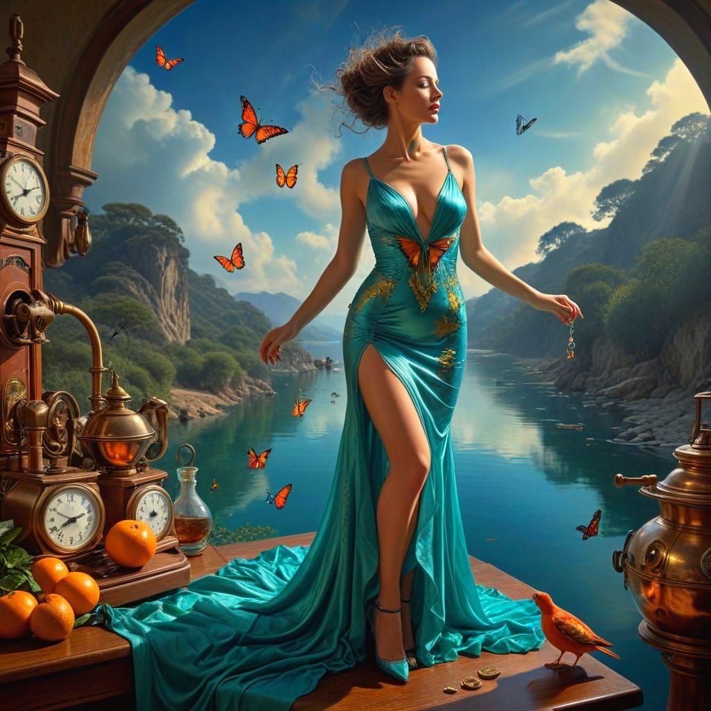 Surrealistic Lady in a Whimsical Wonderland