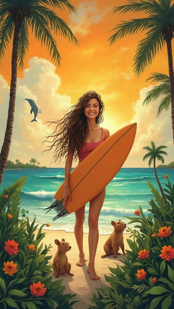 Dreamy Coastal Goddess Surrounded by Whimsical Creatures in ...