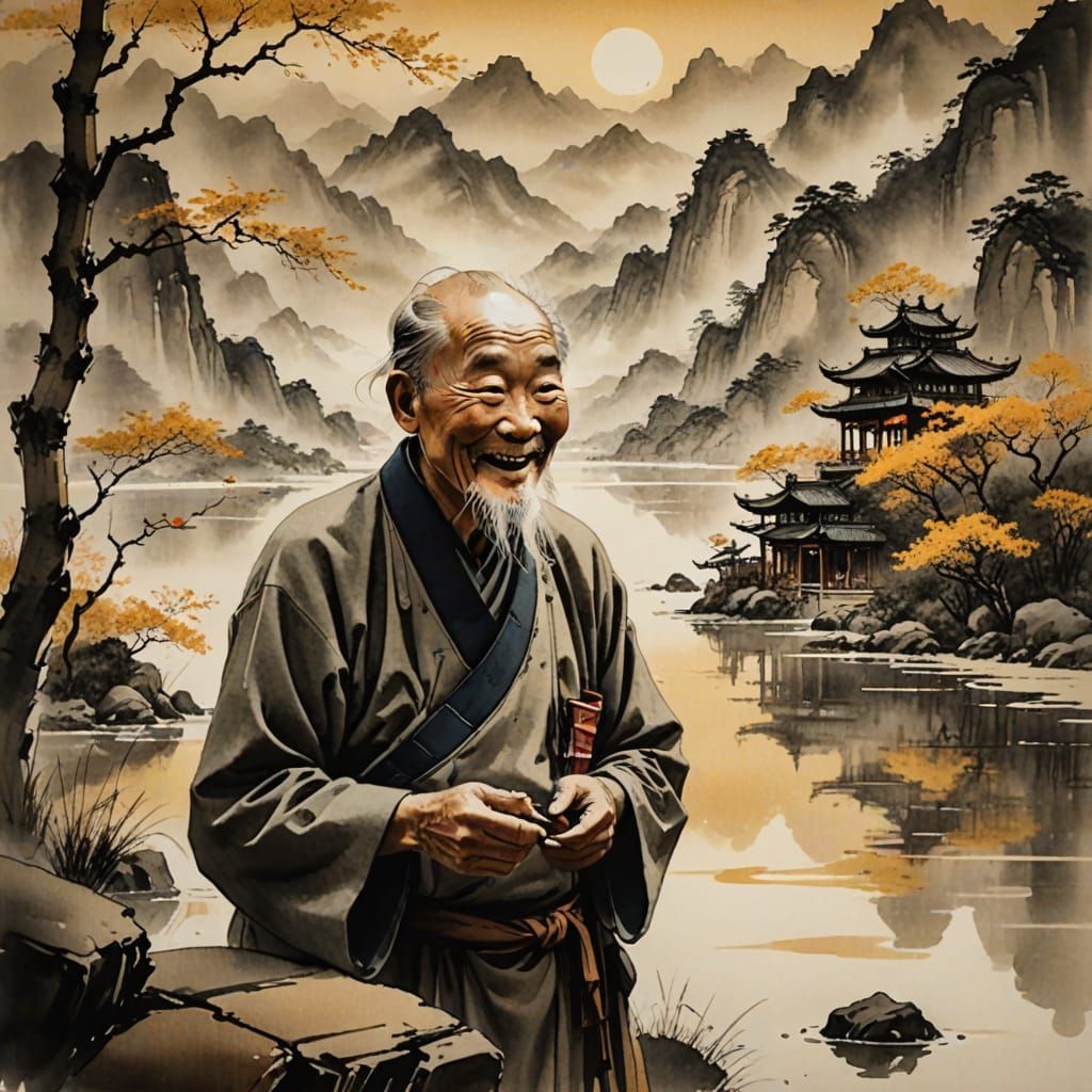 Serene Chinese Ink Painting of Laughing Old Man