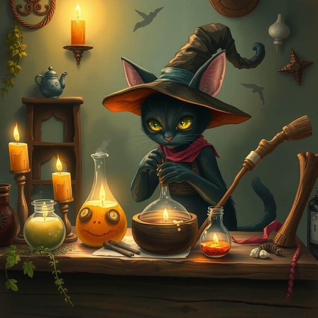 Black Cat Witch Brews Potion in Miyazaki Style