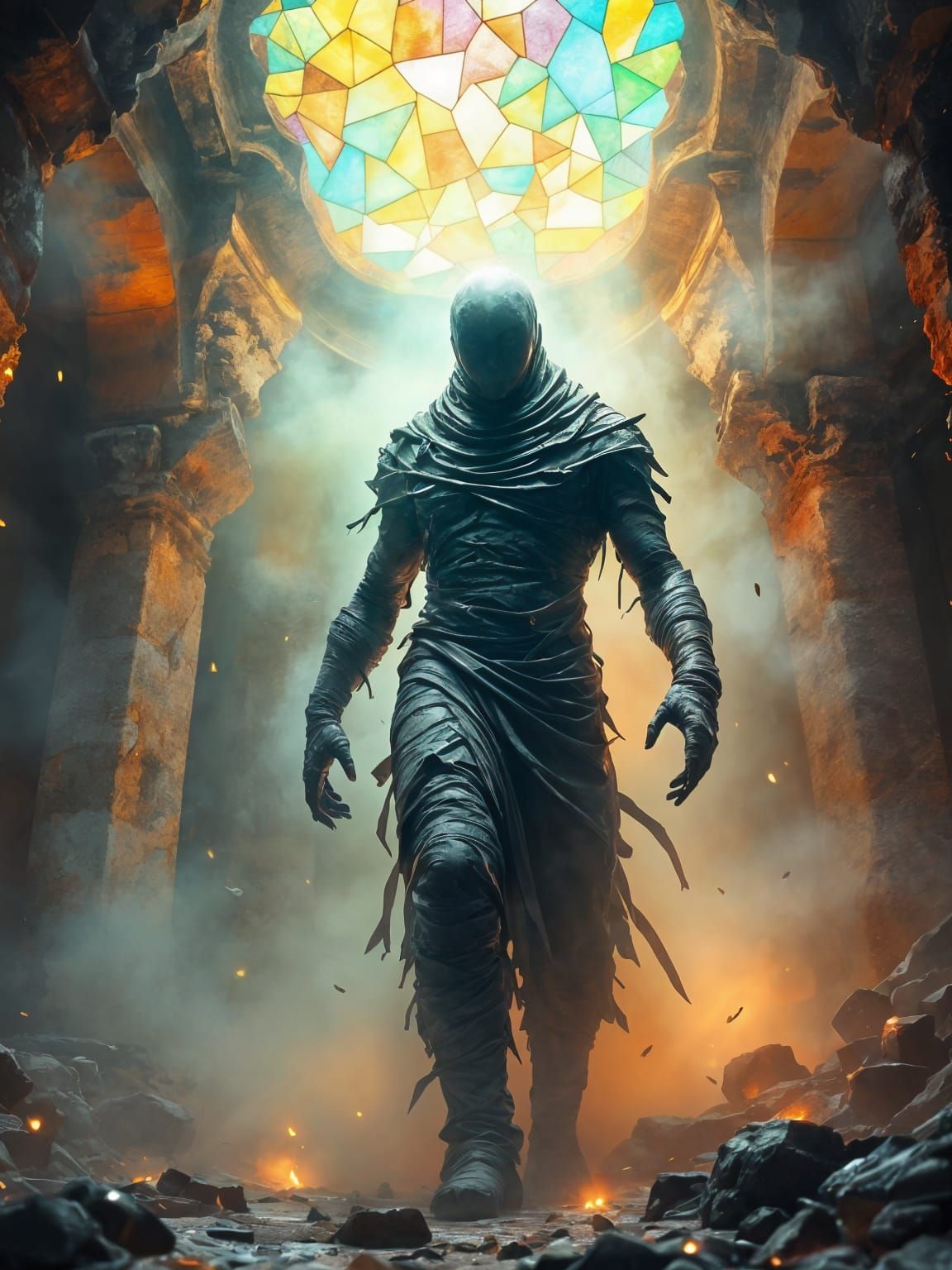 Within a crumbling sanctum of colorful marble stone and luminous arches, an enormous mummy moves through ...  by @Sharshar