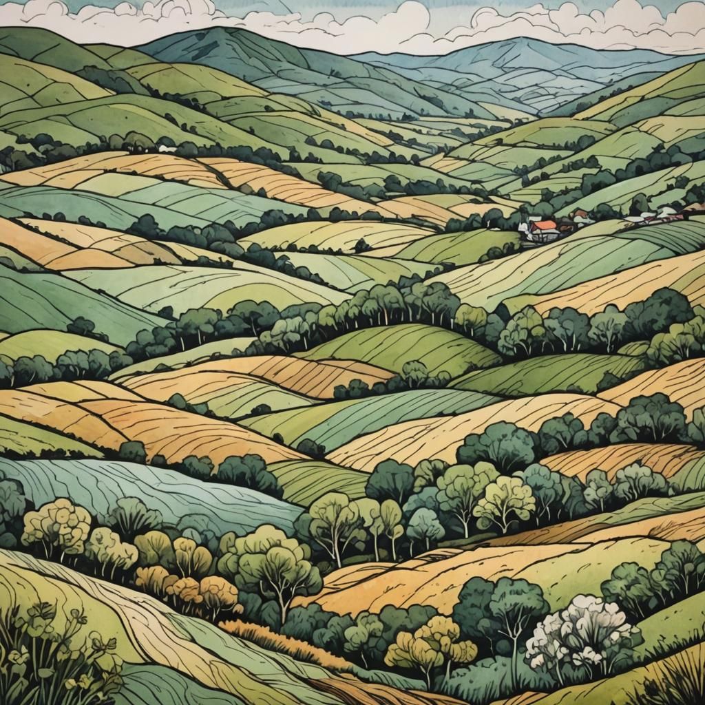 A landscape with rolling hills emphasised by line art, water...