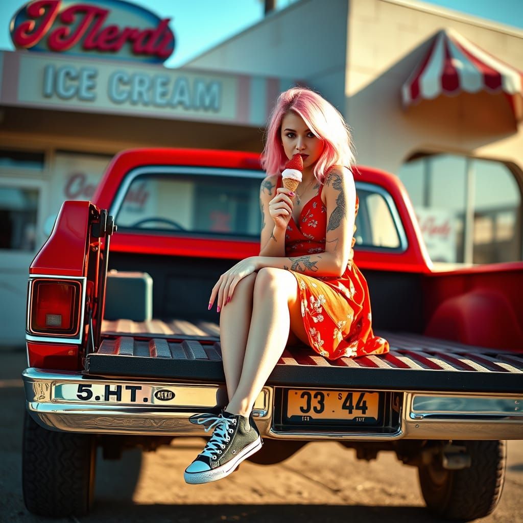 Retro Summer Vibes with Pink Hair and Red Dress