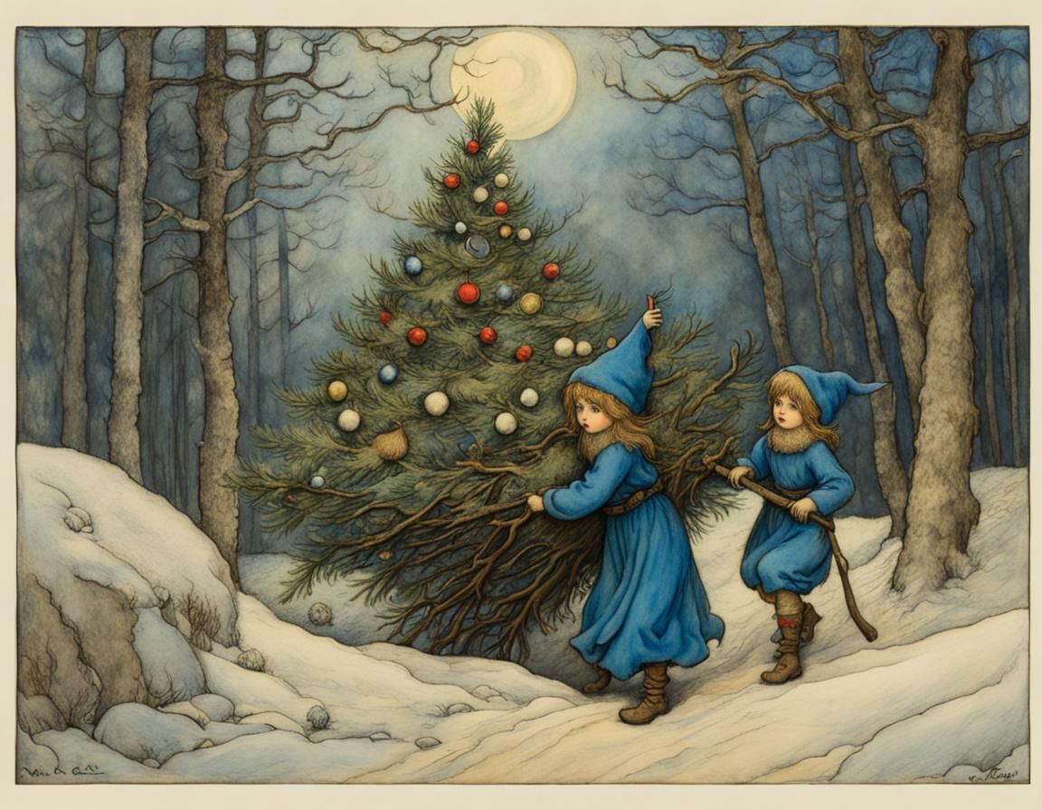 Adorable elves carrying a Christmas tree to their forest den