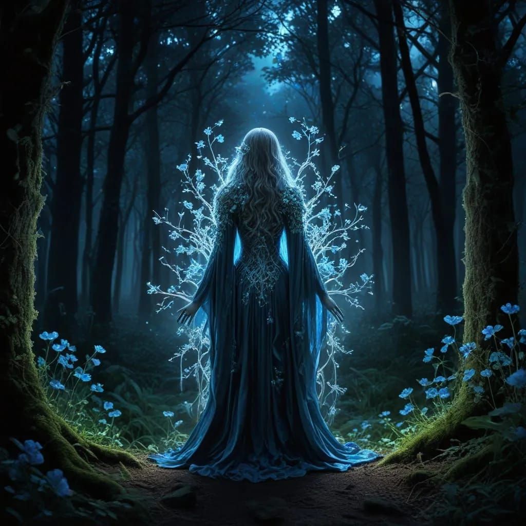 "Beautiful ghostly figure overgrown with divine flowers of light that bloom at night in a bioluminescent enchanted fores...