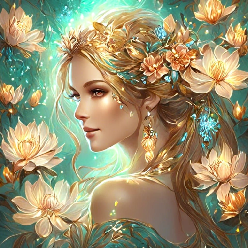 A beautiful Woman With beautiful glowing Flowers In Her Hair, Fantasy Art, Beautiful Render Of A Fairytale,Highly Detailed Digital Artwork,...