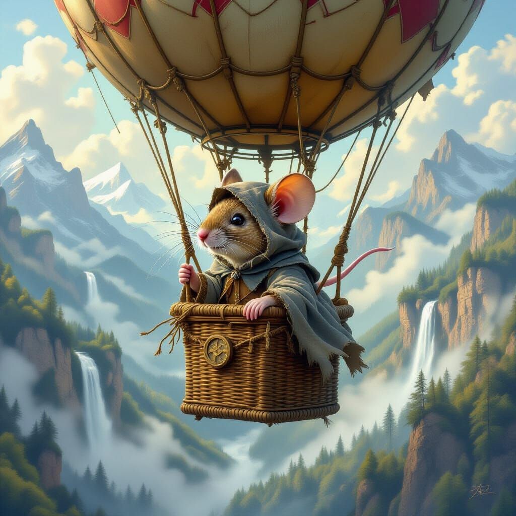 a highly detailed anthropomorphic mouse in shabby clothes and a grey cloak on his shoulders and head, flying in an old hot air balloon and l...