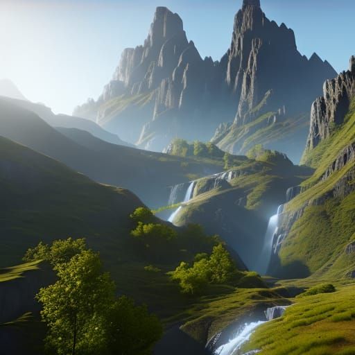 Waterfall and mountains
