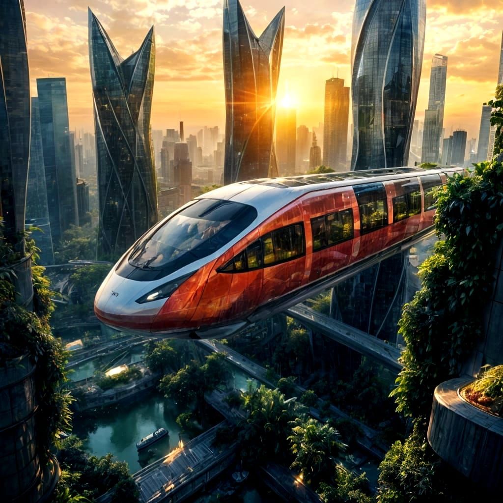 Sleek Future Train Soars Above the City in Cyberpunk Aesthet...
