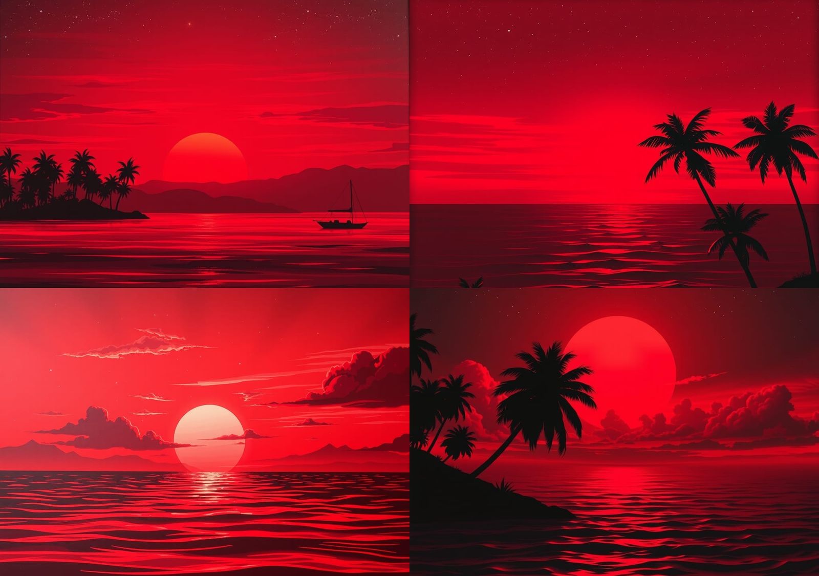 A serene tropical sunset entirely in shades of red, from an intensely red sun to dark red sky with stars emerging and a ...