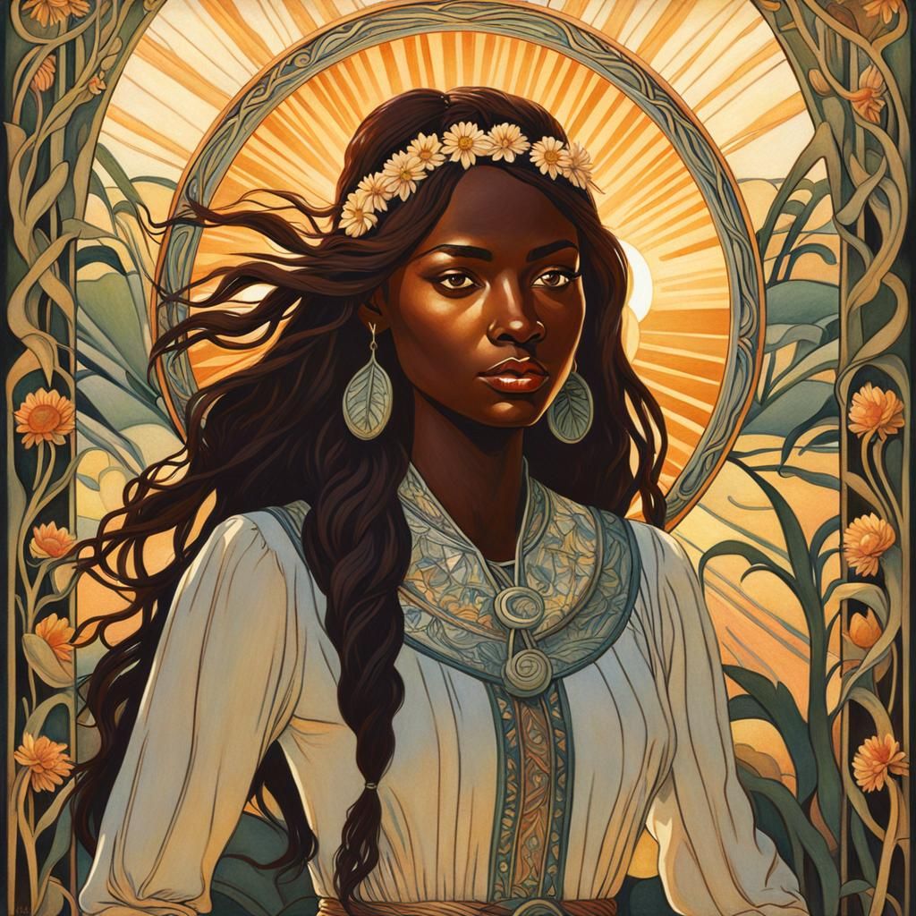 Dark-skin Muskogee girl horseback sun glare art nouveau