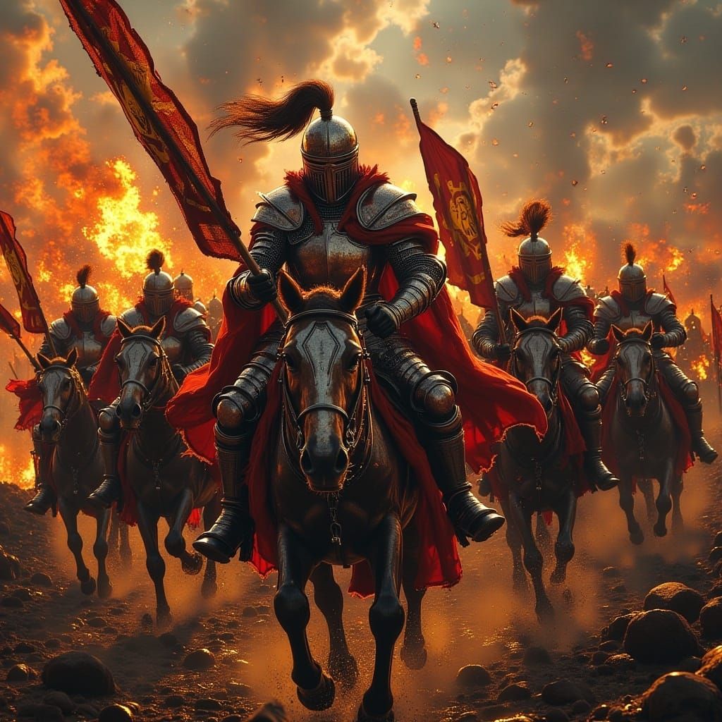 <lora:MJ6 CinematicFlux:1.0> An epic scene of a group of knights riding into battle, in the style of Alex Alemany, illustration epic scene,...