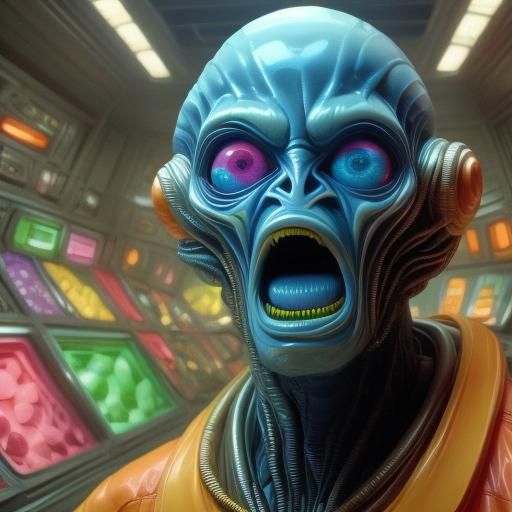 <lora:Star Scream SD15:1.0>
<lora:Bonbon Panic:0.7>
A scared alien wearing a spacesuit in a candy store.
Retro sci-fi movie, candy sci-fi mo...