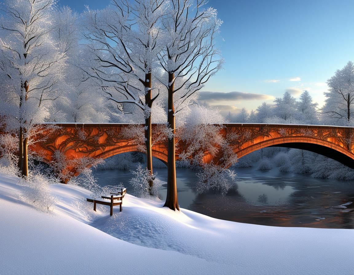 Winter Scene - Red Bridge