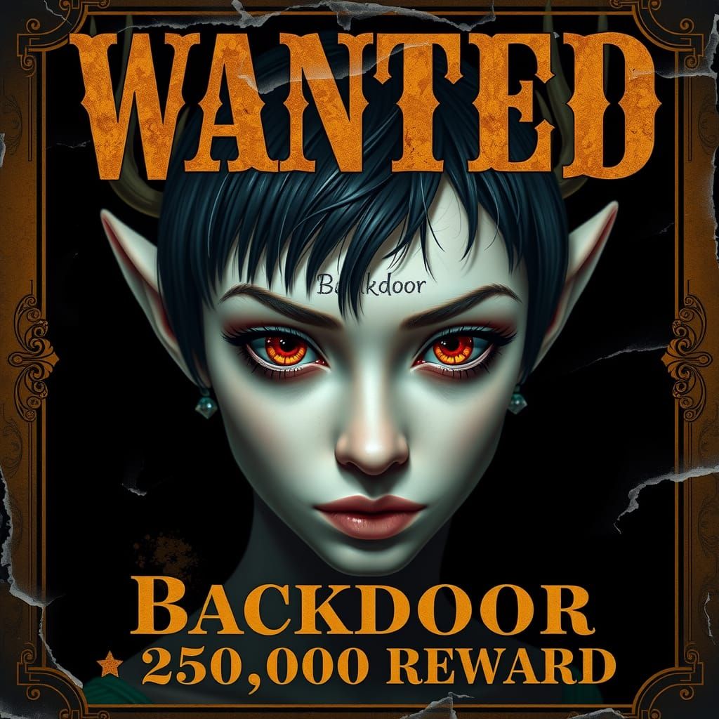 Interstellar Wanted Poster featuring Backdoor, Female, a pale skin, short black hair, 18-year-old Elf, ...  by @James Silvers