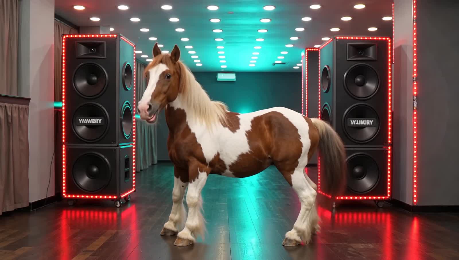 A paint stallion twerking to the music coming from two large speakers at a club.