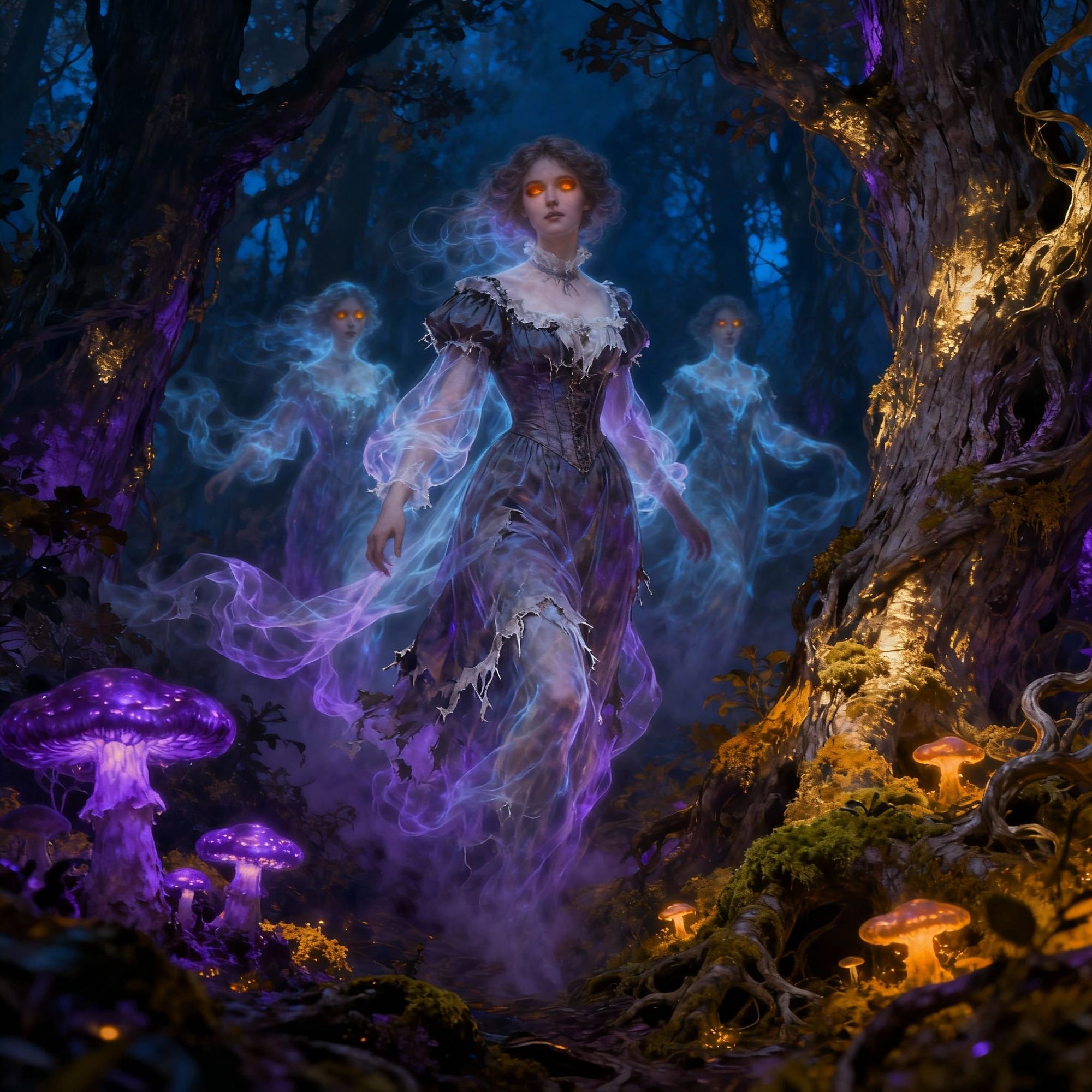 Add more of the same ethereal woman to the three and have them floating above the canyon in front of the castle on the mountain  - Start Image 2