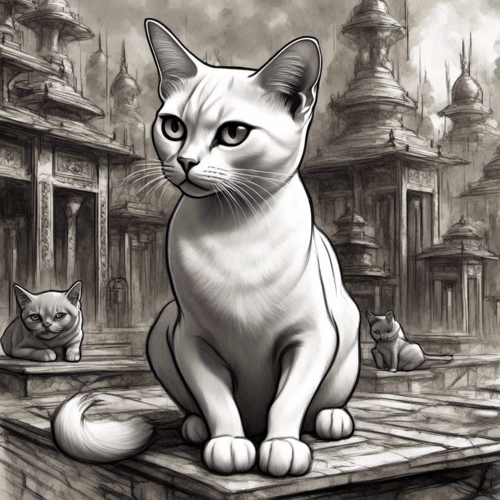 Art Deco Burmese Cat Sketch in Manga Style