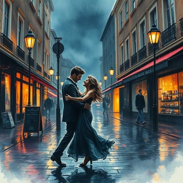 Romantic Waltz in the Rain: Watercolor Painting A vibrant wa...