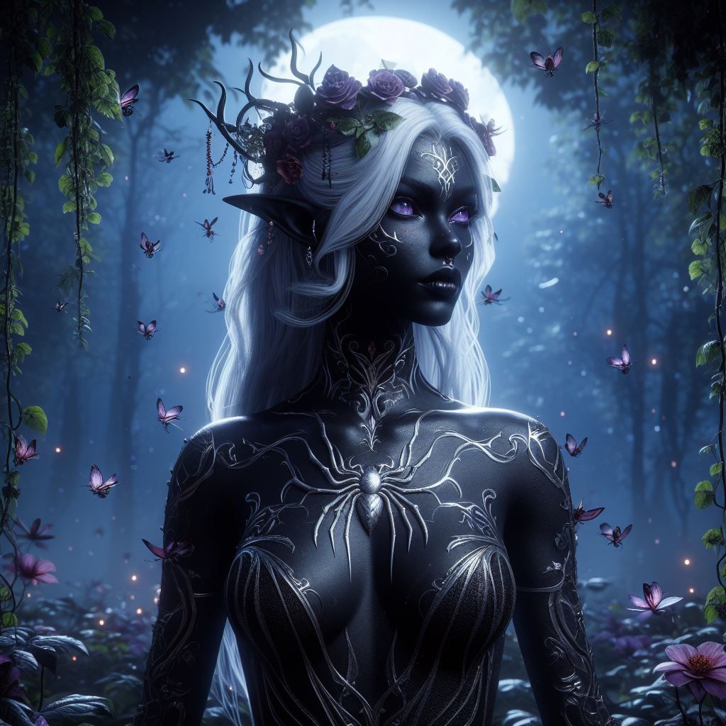 Drow female in a night forest