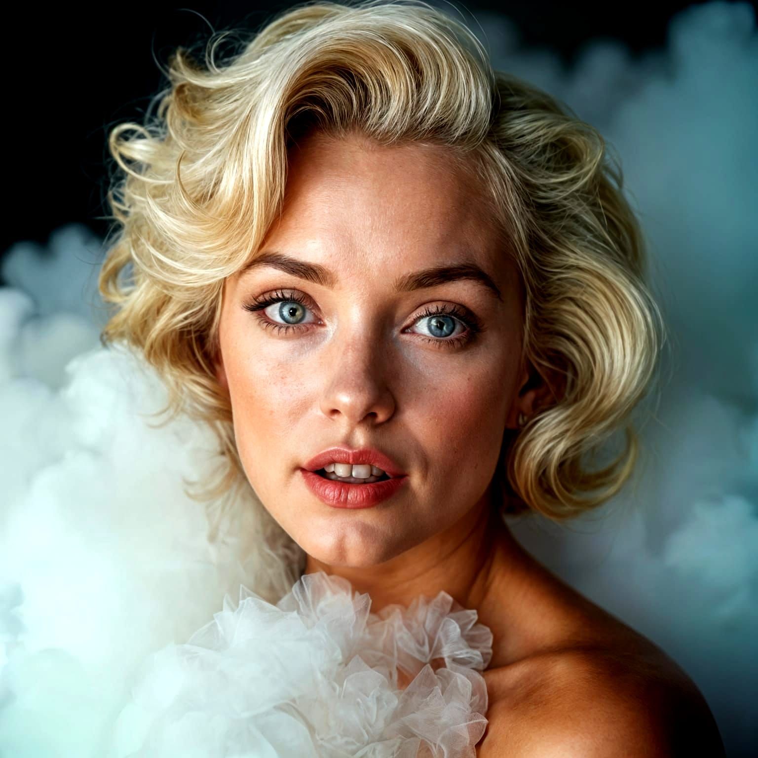 portrait of Marylin Monroe looking at the camera, a little bit surprised. Her neck seems to come out of a cloud

