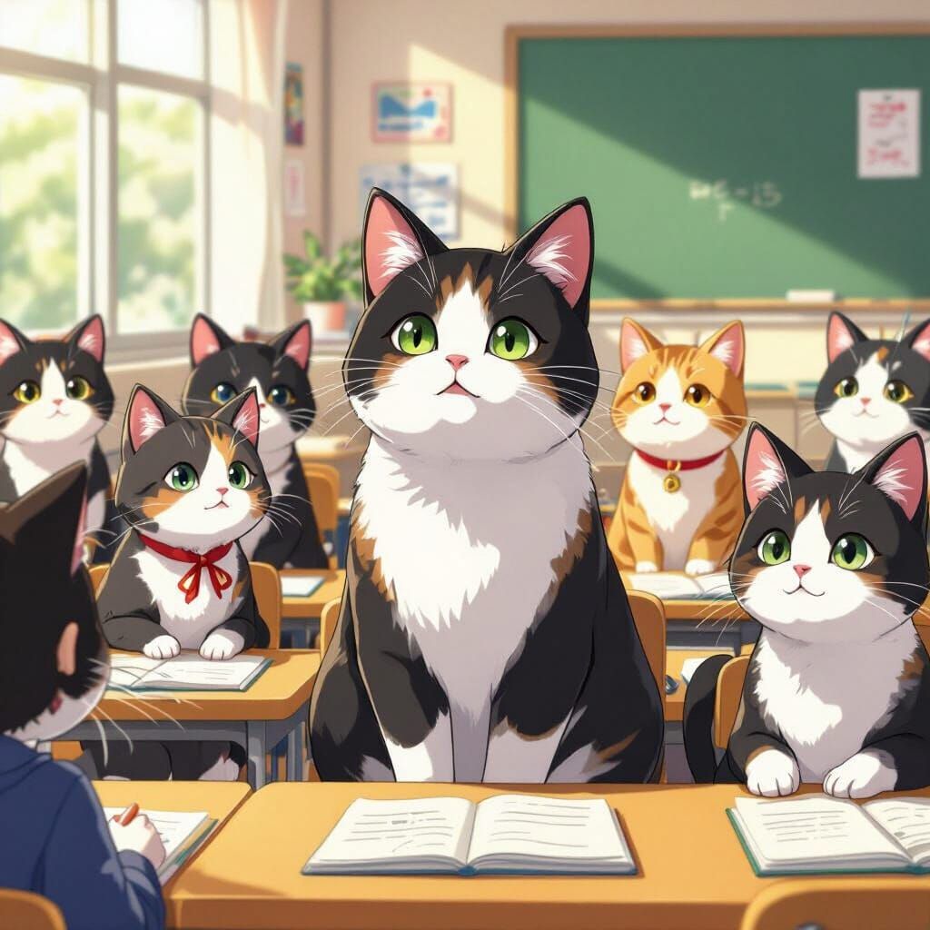 Cats Learning in a Classroom Anime Style