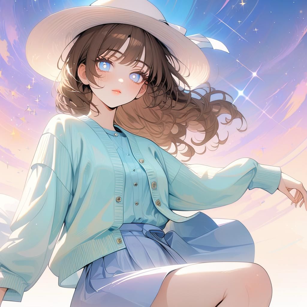 Anime Girl in Pastel Cardigan with Rosy Cheeks