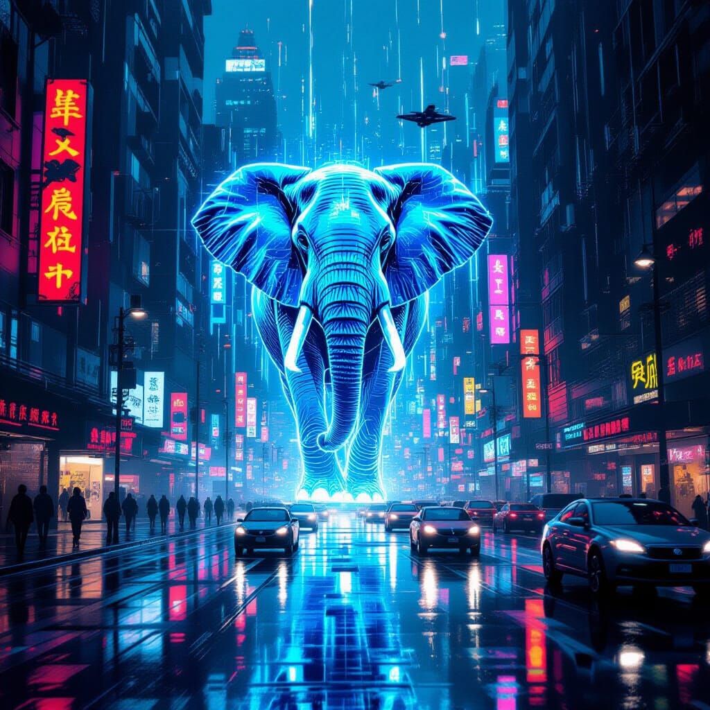A memory fragment manifesting as a holographic elephant projected above a bustling, rain-slicked cyberpunk ...  by @Matt