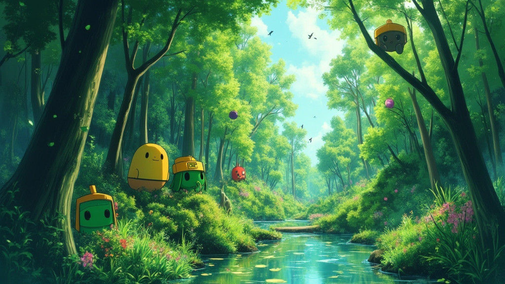 Lush Forest Scene with Sunlight and Wildlife