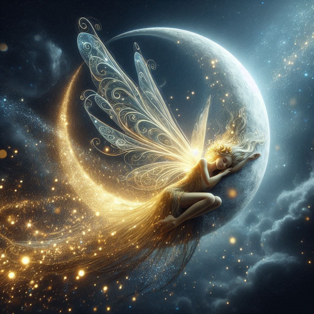 Golden fairy sitting in crescent moon