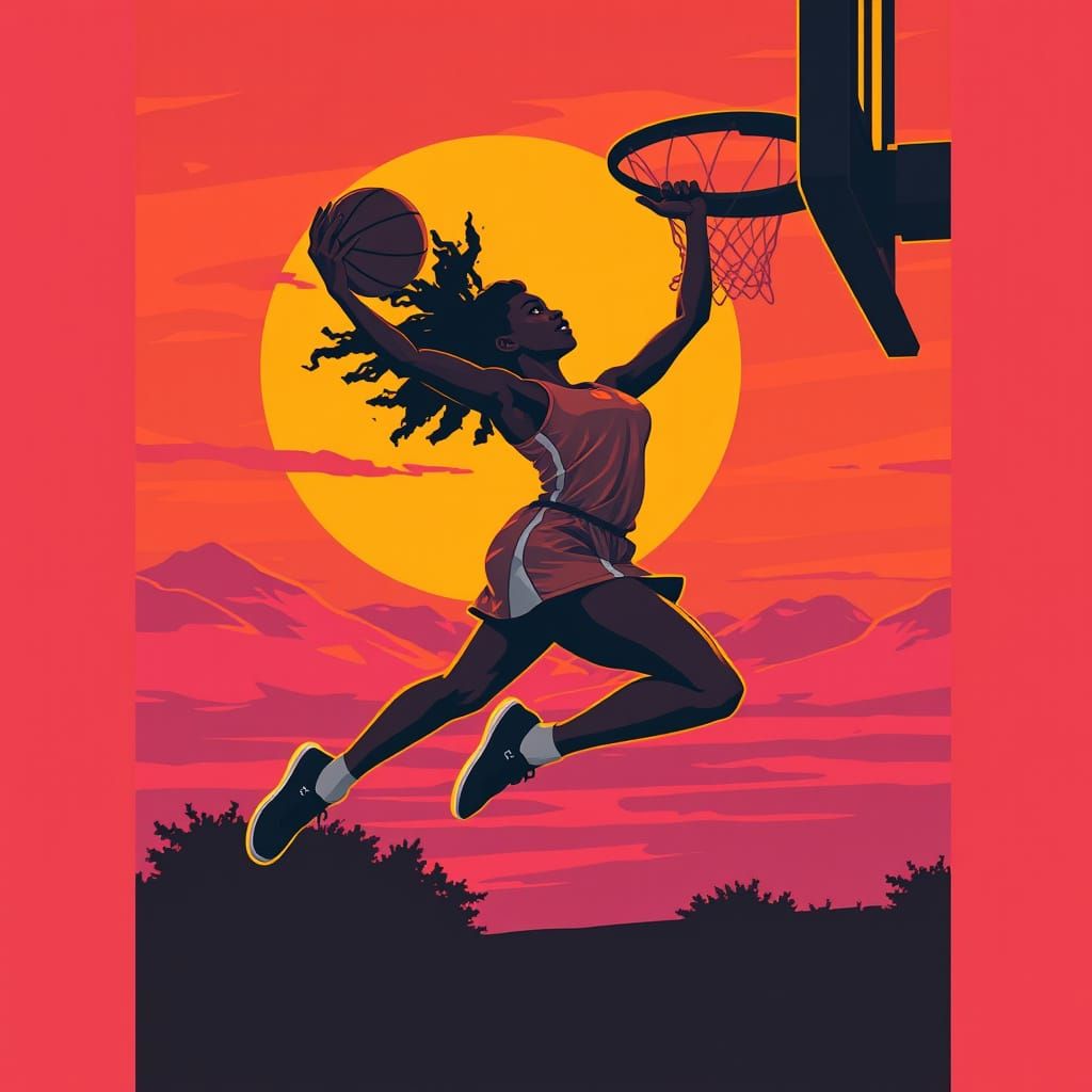 A beautiful black female in A dramatic slam dunk frozen in mid-air, with a basketball the player soaring ...  by @Mthatha CHUMA 