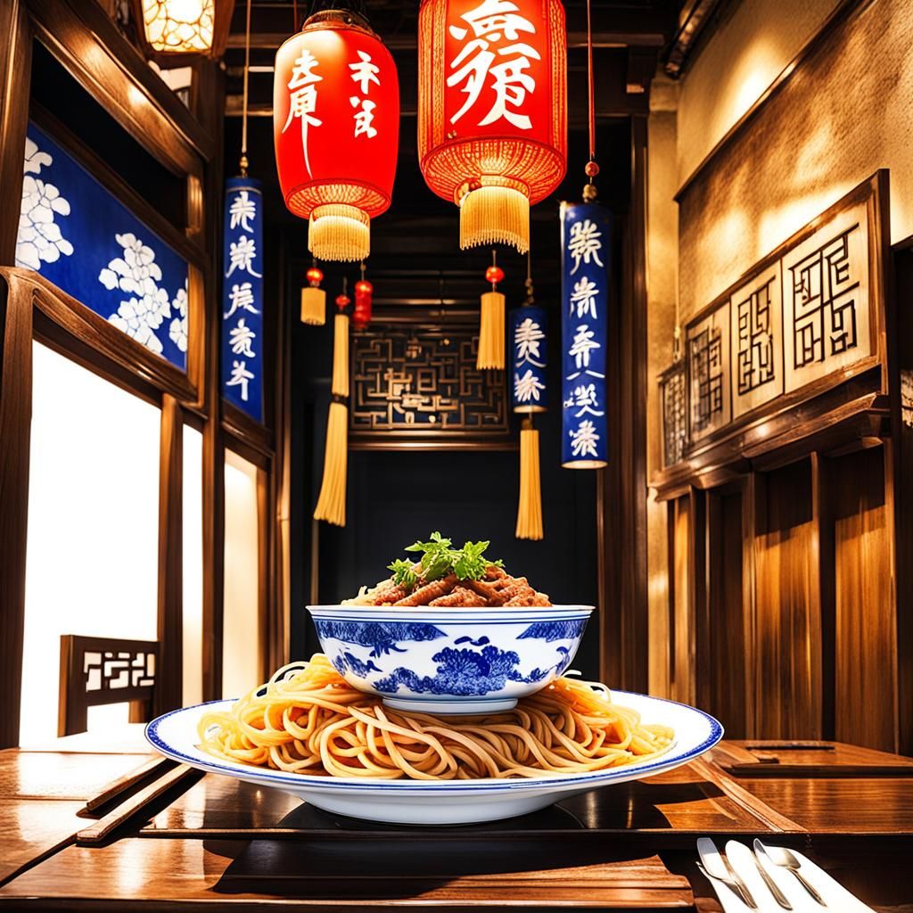 Delicious Beef Noodles in Blue and White Porcelain Bowl