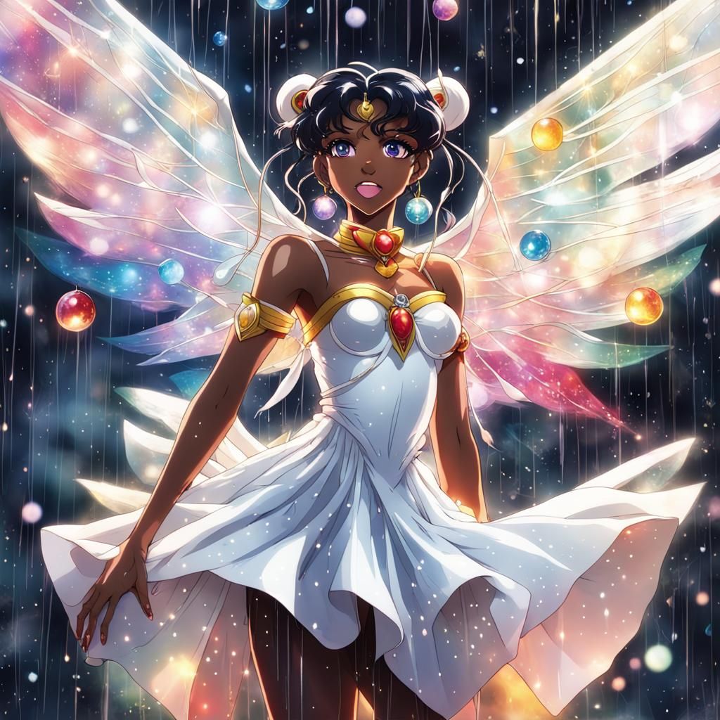 "Beautiful ebony Sailor moon under a cristal rain with a bea...