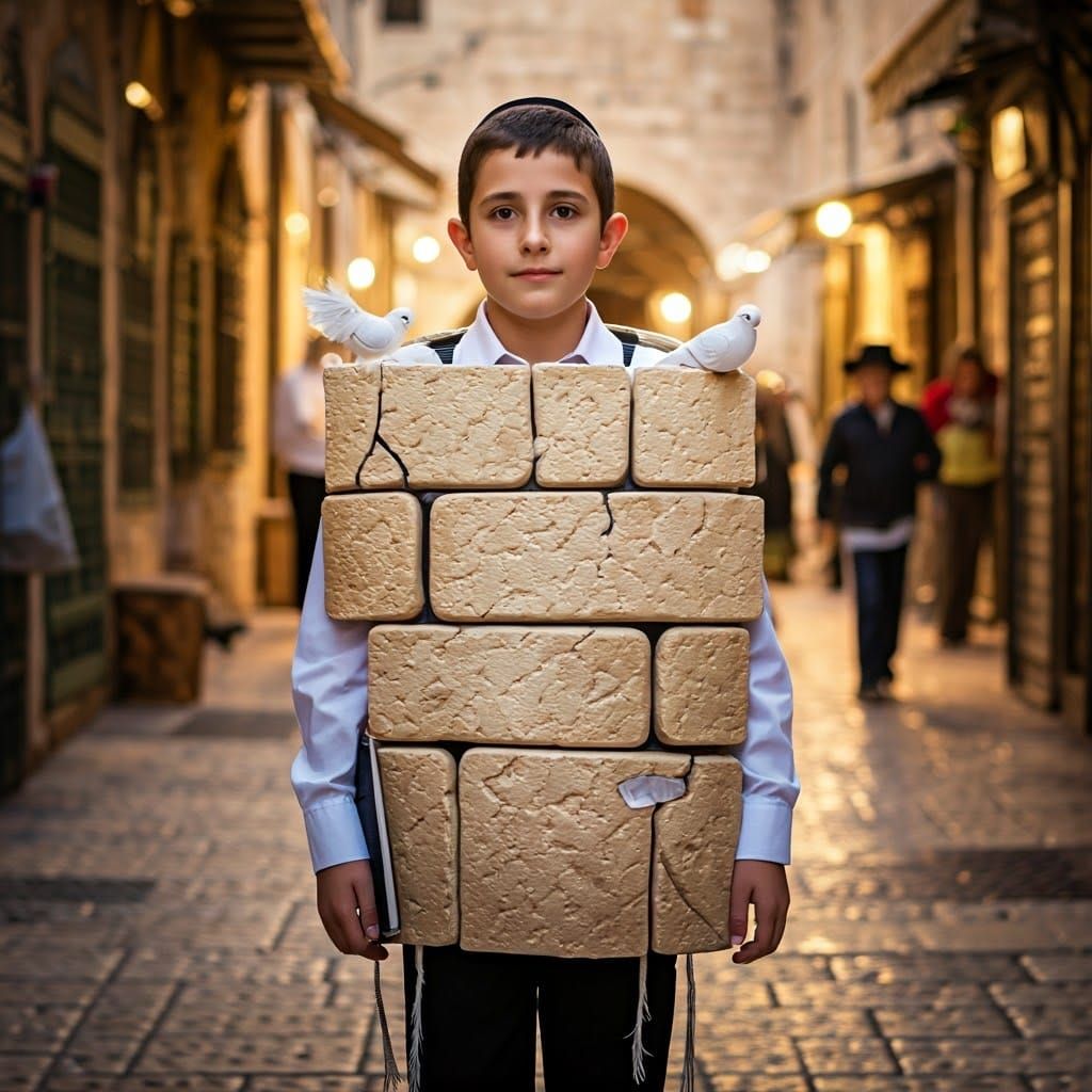 Western Wall Boy Walks Through Jerusalem Streets in Traditio...