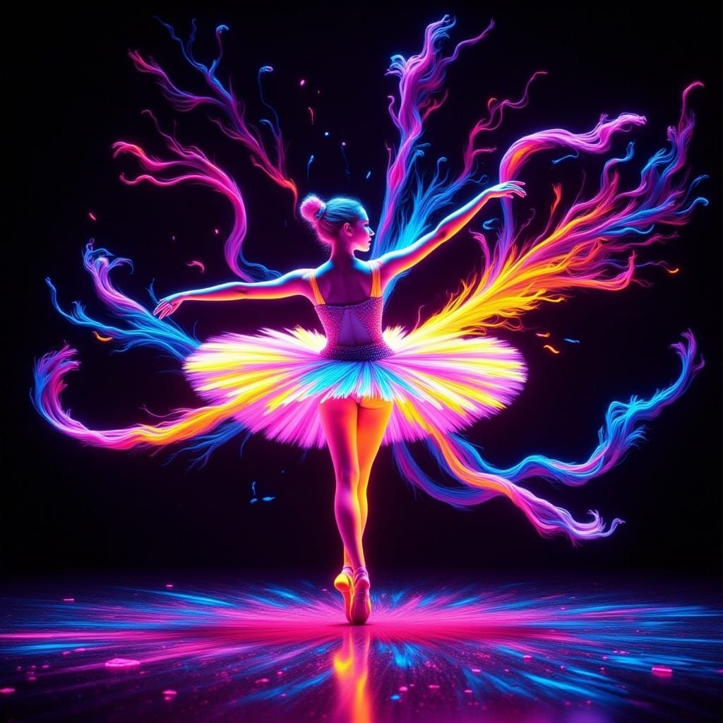 <lora:Blacklight nocturne:1.0> blacklight vibrant neon oil on canvas a ballet dancer pirrouetting on stage. Light contrails vivid neon pink...