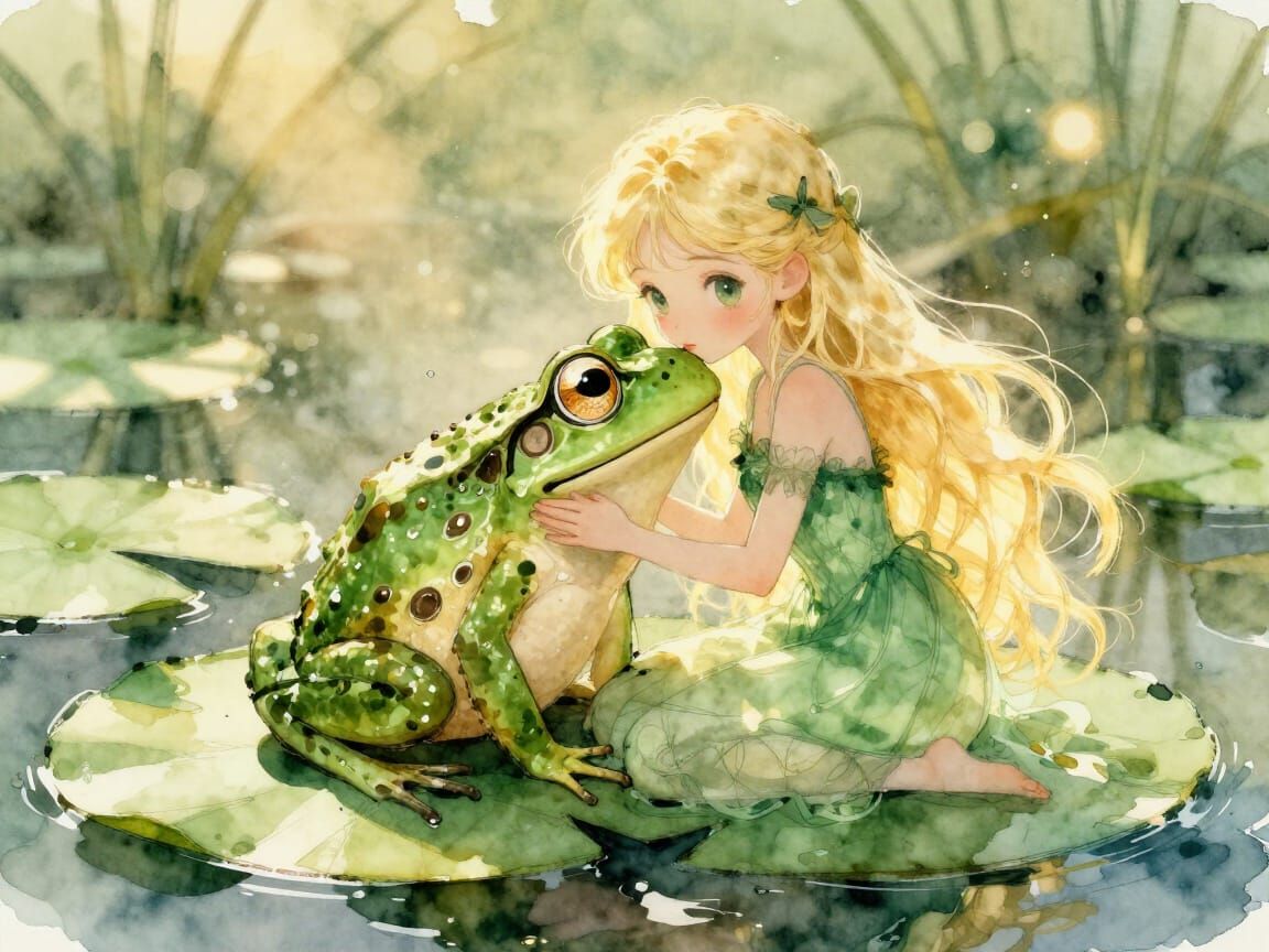She was a beautiful princess before she kissed the frog, ethereal shades of green and blonde, huge round ...  by @Niels Carlsen