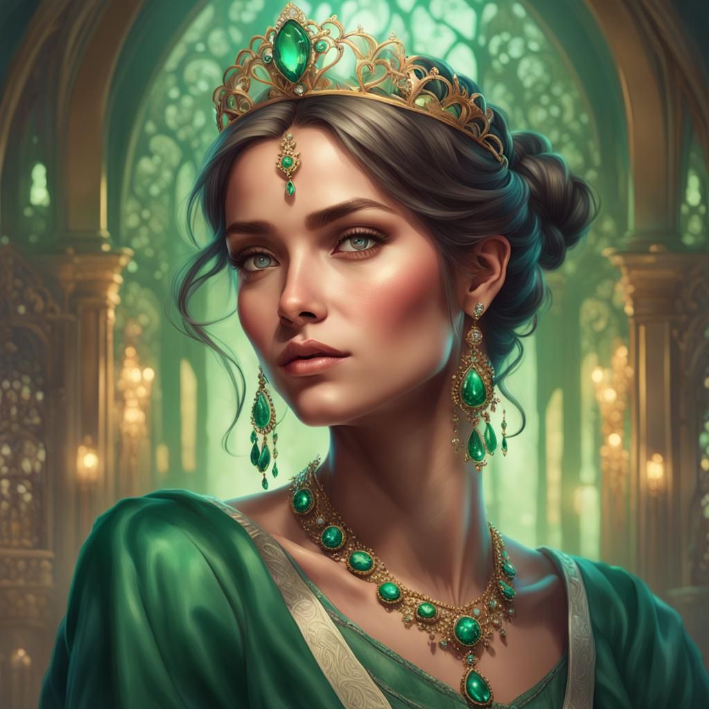 A charming woman adorned in a green blouse and a tiara studd...