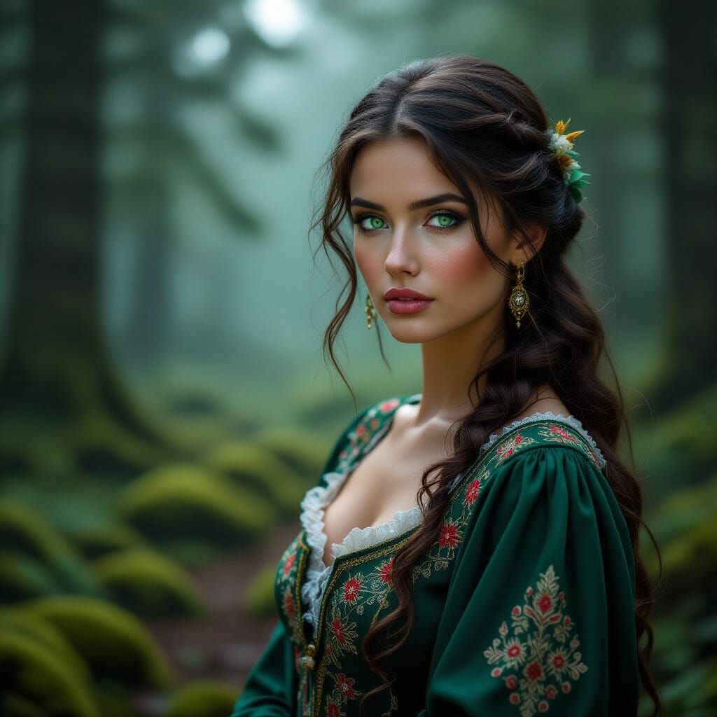 Mysterious Woman in Foggy Forest, Dark Fantasy Portrait