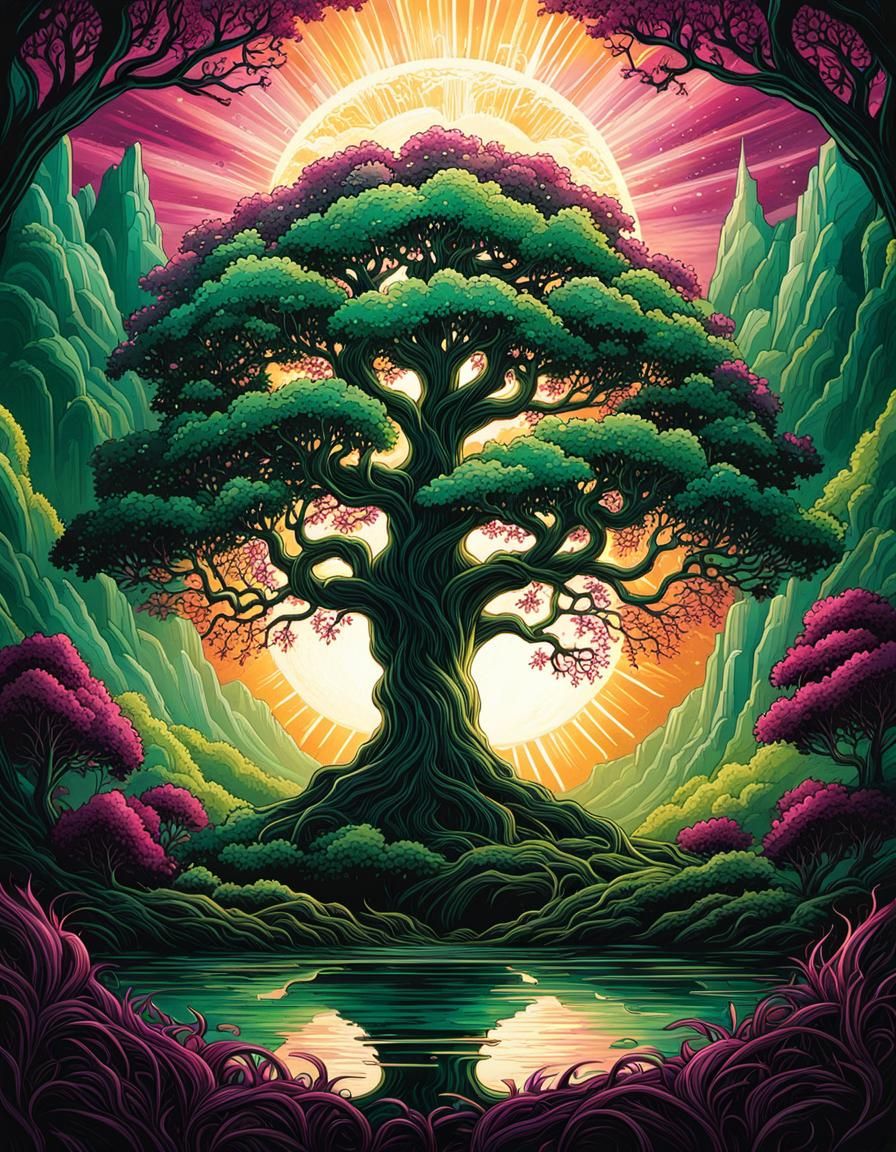 the tree of life Dan Mumford cel-shaded storybook illustration intricate beautiful sunshine rays green ...  by @Yoli